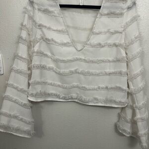 BCBGeneration White Fringe Stripe V‑Neck Blouse